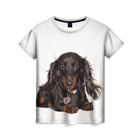 Женская футболка 3D с принтом Карликовая такса в Петрозаводске, 100% полиэфир ( синтетическое хлопкоподобное полотно) | прямой крой, круглый вырез горловины, длина до линии бедер | животное | карликовая такса | порода | собака
