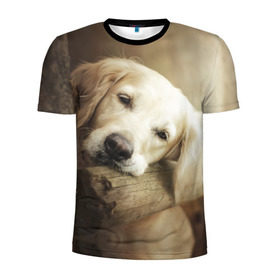 Мужская футболка 3D спортивная с принтом Золотистый ретривер в Петрозаводске, 100% полиэстер с улучшенными характеристиками | приталенный силуэт, круглая горловина, широкие плечи, сужается к линии бедра | Тематика изображения на принте: животное | золотистый ретривер | порода | собака