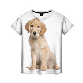 Женская футболка 3D с принтом Золотистый ретривер в Петрозаводске, 100% полиэфир ( синтетическое хлопкоподобное полотно) | прямой крой, круглый вырез горловины, длина до линии бедер | животное | золотистый ретривер | порода | собака