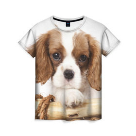 Женская футболка 3D с принтом Кинг чарльз спаниель в Петрозаводске, 100% полиэфир ( синтетическое хлопкоподобное полотно) | прямой крой, круглый вырез горловины, длина до линии бедер | животное | кинг чарльз спаниель | порода | собака