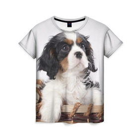 Женская футболка 3D с принтом Кинг чарльз спаниель в Петрозаводске, 100% полиэфир ( синтетическое хлопкоподобное полотно) | прямой крой, круглый вырез горловины, длина до линии бедер | Тематика изображения на принте: животное | кинг чарльз спаниель | порода | собака