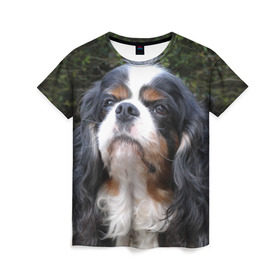 Женская футболка 3D с принтом Кинг чарльз спаниель в Петрозаводске, 100% полиэфир ( синтетическое хлопкоподобное полотно) | прямой крой, круглый вырез горловины, длина до линии бедер | Тематика изображения на принте: животное | кинг чарльз спаниель | порода | собака