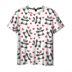 Мужская футболка 3D с принтом Панда и любовь в Петрозаводске, 100% полиэфир | прямой крой, круглый вырез горловины, длина до линии бедер | 14 февраля | bears | love | love you | валентин | влюбленные | день святого валентина | лав | любовь | медведб | медведи | мишки | подарок девушке | подарок парню