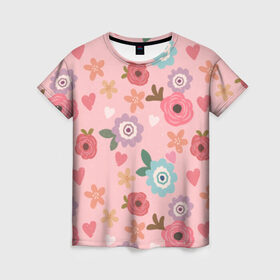 Женская футболка 3D с принтом Цветник в Петрозаводске, 100% полиэфир ( синтетическое хлопкоподобное полотно) | прямой крой, круглый вырез горловины, длина до линии бедер | природа | ромашки | тульпаны | цветы