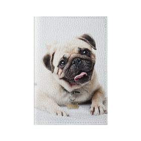 Обложка для паспорта матовая кожа с принтом Мопс в Петрозаводске, натуральная матовая кожа | размер 19,3 х 13,7 см; прозрачные пластиковые крепления | Тематика изображения на принте: животное | мопс | порода | собака