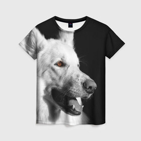 Женская футболка 3D с принтом Белая овчарка в Петрозаводске, 100% полиэфир ( синтетическое хлопкоподобное полотно) | прямой крой, круглый вырез горловины, длина до линии бедер | белая овчарка | животное | порода | собака