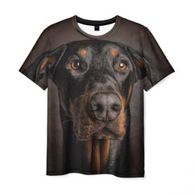 Мужская футболка 3D с принтом Доберман в Петрозаводске, 100% полиэфир | прямой крой, круглый вырез горловины, длина до линии бедер | доберман | животное | порода | собака