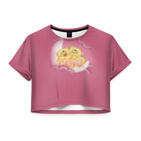 Женская футболка 3D укороченная с принтом Мишки в облаках в Петрозаводске, 100% полиэстер | круглая горловина, длина футболки до линии талии, рукава с отворотами | 14 февраля | bears | teddy | валентин | день святого валентина | игрушки | медведи | милый | мимими | мишка | мишки | подарки | подарок | подарок девушке | подарок парню | тедди