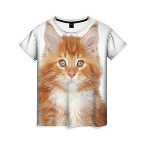 Женская футболка 3D с принтом Рыжий котенок в Петрозаводске, 100% полиэфир ( синтетическое хлопкоподобное полотно) | прямой крой, круглый вырез горловины, длина до линии бедер | животное | порода | рыжий котенок
