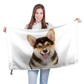 Флаг 3D с принтом Пемброк-вельш-корги в Петрозаводске, 100% полиэстер | плотность ткани — 95 г/м2, размер — 67 х 109 см. Принт наносится с одной стороны | Тематика изображения на принте: животное | пемброк вельш корги | порода | собака