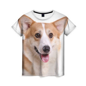 Женская футболка 3D с принтом Пемброк-вельш-корги в Петрозаводске, 100% полиэфир ( синтетическое хлопкоподобное полотно) | прямой крой, круглый вырез горловины, длина до линии бедер | животное | пемброк вельш корги | порода | собака
