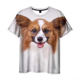 Мужская футболка 3D с принтом Папийон в Петрозаводске, 100% полиэфир | прямой крой, круглый вырез горловины, длина до линии бедер | Тематика изображения на принте: животное | папийон | порода | собака