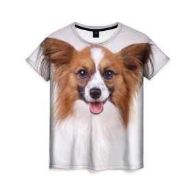Женская футболка 3D с принтом Папийон в Петрозаводске, 100% полиэфир ( синтетическое хлопкоподобное полотно) | прямой крой, круглый вырез горловины, длина до линии бедер | животное | папийон | порода | собака