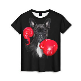 Женская футболка 3D с принтом Французский бульдог в Петрозаводске, 100% полиэфир ( синтетическое хлопкоподобное полотно) | прямой крой, круглый вырез горловины, длина до линии бедер | Тематика изображения на принте: бокс | перчатки | собака | французский бульдог