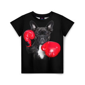 Детская футболка 3D с принтом Французский бульдог в Петрозаводске, 100% гипоаллергенный полиэфир | прямой крой, круглый вырез горловины, длина до линии бедер, чуть спущенное плечо, ткань немного тянется | бокс | перчатки | собака | французский бульдог