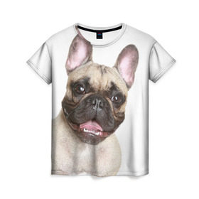 Женская футболка 3D с принтом Французский бульдог в Петрозаводске, 100% полиэфир ( синтетическое хлопкоподобное полотно) | прямой крой, круглый вырез горловины, длина до линии бедер | животное | порода | собака | французский бульдог