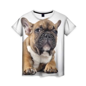 Женская футболка 3D с принтом Французский бульдог в Петрозаводске, 100% полиэфир ( синтетическое хлопкоподобное полотно) | прямой крой, круглый вырез горловины, длина до линии бедер | животное | порода | собака | французский бульдог