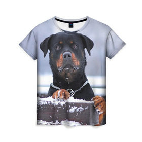 Женская футболка 3D с принтом Ротвейлер в Петрозаводске, 100% полиэфир ( синтетическое хлопкоподобное полотно) | прямой крой, круглый вырез горловины, длина до линии бедер | животное | порода | ротвейлер | собака