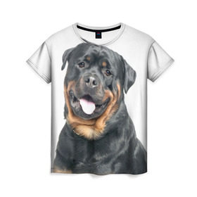 Женская футболка 3D с принтом Ротвейлер в Петрозаводске, 100% полиэфир ( синтетическое хлопкоподобное полотно) | прямой крой, круглый вырез горловины, длина до линии бедер | животное | порода | ротвейлер | собака