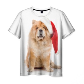 Мужская футболка 3D с принтом Чау-чау в Петрозаводске, 100% полиэфир | прямой крой, круглый вырез горловины, длина до линии бедер | новый год | санта клаус | собака | чау чау