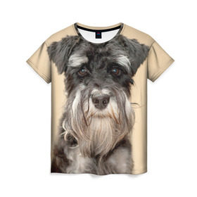 Женская футболка 3D с принтом Цвергшнауцер в Петрозаводске, 100% полиэфир ( синтетическое хлопкоподобное полотно) | прямой крой, круглый вырез горловины, длина до линии бедер | животное | порода | собака | цвергшнауцер