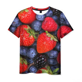 Мужская футболка 3D с принтом Berries в Петрозаводске, 100% полиэфир | прямой крой, круглый вырез горловины, длина до линии бедер | strawberry | vegan | vegetarian | веган | вегетарианство | земляника | йога | клубника | фитнес | черника | ягода