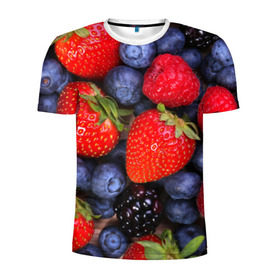 Мужская футболка 3D спортивная с принтом Berries в Петрозаводске, 100% полиэстер с улучшенными характеристиками | приталенный силуэт, круглая горловина, широкие плечи, сужается к линии бедра | Тематика изображения на принте: strawberry | vegan | vegetarian | веган | вегетарианство | земляника | йога | клубника | фитнес | черника | ягода