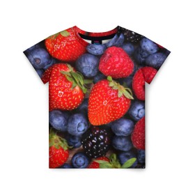 Детская футболка 3D с принтом Berries в Петрозаводске, 100% гипоаллергенный полиэфир | прямой крой, круглый вырез горловины, длина до линии бедер, чуть спущенное плечо, ткань немного тянется | strawberry | vegan | vegetarian | веган | вегетарианство | земляника | йога | клубника | фитнес | черника | ягода