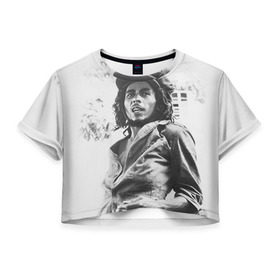 Женская футболка 3D укороченная с принтом Боб Марли 1 в Петрозаводске, 100% полиэстер | круглая горловина, длина футболки до линии талии, рукава с отворотами | bob marley | боб марли | музыка | регги