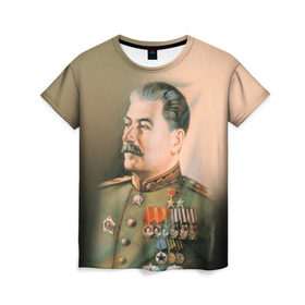 Женская футболка 3D с принтом Сталин 1 в Петрозаводске, 100% полиэфир ( синтетическое хлопкоподобное полотно) | прямой крой, круглый вырез горловины, длина до линии бедер | знаменитости | иосиф сталин | ретро | ссср