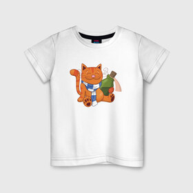 Детская футболка хлопок с принтом Довольный кот с бутылкой в Петрозаводске, 100% хлопок | круглый вырез горловины, полуприлегающий силуэт, длина до линии бедер | 