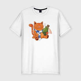 Мужская футболка премиум с принтом Довольный кот с бутылкой в Петрозаводске, 92% хлопок, 8% лайкра | приталенный силуэт, круглый вырез ворота, длина до линии бедра, короткий рукав | 