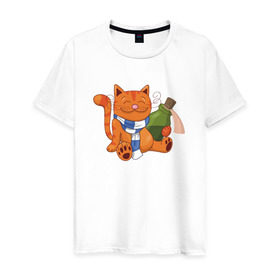 Мужская футболка хлопок с принтом Довольный кот с бутылкой в Петрозаводске, 100% хлопок | прямой крой, круглый вырез горловины, длина до линии бедер, слегка спущенное плечо. | Тематика изображения на принте: 