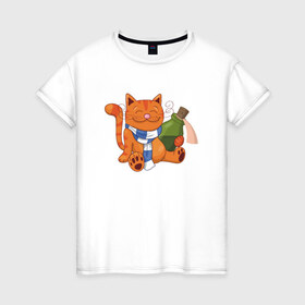 Женская футболка хлопок с принтом Довольный кот с бутылкой в Петрозаводске, 100% хлопок | прямой крой, круглый вырез горловины, длина до линии бедер, слегка спущенное плечо | 