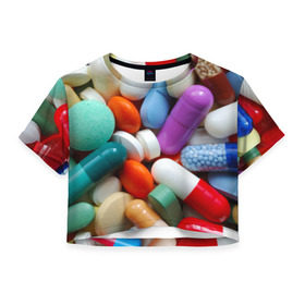 Женская футболка 3D укороченная с принтом Pills в Петрозаводске, 100% полиэстер | круглая горловина, длина футболки до линии талии, рукава с отворотами | пилюли | флу