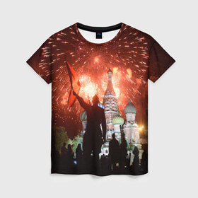 Женская футболка 3D с принтом Салют на Красной площади в Петрозаводске, 100% полиэфир ( синтетическое хлопкоподобное полотно) | прямой крой, круглый вырез горловины, длина до линии бедер | красная площади | покровский | салют | собор | солдат