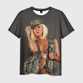 Мужская футболка 3D с принтом Девушка в форме в Петрозаводске, 100% полиэфир | прямой крой, круглый вырез горловины, длина до линии бедер | армия | девушка воин | камуфляж | оружие