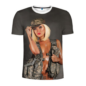 Мужская футболка 3D спортивная с принтом Девушка в форме в Петрозаводске, 100% полиэстер с улучшенными характеристиками | приталенный силуэт, круглая горловина, широкие плечи, сужается к линии бедра | армия | девушка воин | камуфляж | оружие
