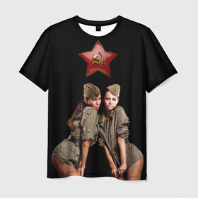 Мужская футболка 3D с принтом Девушки в форме в Петрозаводске, 100% полиэфир | прямой крой, круглый вырез горловины, длина до линии бедер | Тематика изображения на принте: армия | военная форма | девушки | россия | рэтро | ссср