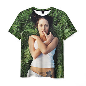 Мужская футболка 3D с принтом Джоли Анджелина в Петрозаводске, 100% полиэфир | прямой крой, круглый вырез горловины, длина до линии бедер | Тематика изображения на принте: анджелина | девушка | джоли | лежит | тату