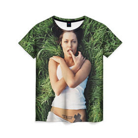 Женская футболка 3D с принтом Джоли Анджелина в Петрозаводске, 100% полиэфир ( синтетическое хлопкоподобное полотно) | прямой крой, круглый вырез горловины, длина до линии бедер | анджелина | девушка | джоли | лежит | тату