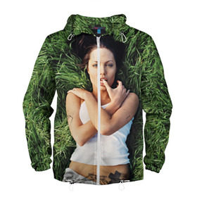 Мужская ветровка 3D с принтом Джоли Анджелина в Петрозаводске, 100% полиэстер | подол и капюшон оформлены резинкой с фиксаторами, два кармана без застежек по бокам, один потайной карман на груди | анджелина | девушка | джоли | лежит | тату