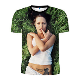 Мужская футболка 3D спортивная с принтом Джоли Анджелина в Петрозаводске, 100% полиэстер с улучшенными характеристиками | приталенный силуэт, круглая горловина, широкие плечи, сужается к линии бедра | Тематика изображения на принте: анджелина | девушка | джоли | лежит | тату