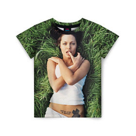 Детская футболка 3D с принтом Джоли Анджелина в Петрозаводске, 100% гипоаллергенный полиэфир | прямой крой, круглый вырез горловины, длина до линии бедер, чуть спущенное плечо, ткань немного тянется | анджелина | девушка | джоли | лежит | тату