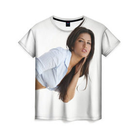 Женская футболка 3D с принтом Девушка в бикини в Петрозаводске, 100% полиэфир ( синтетическое хлопкоподобное полотно) | прямой крой, круглый вырез горловины, длина до линии бедер | девушка | красивая | модель | прикол | стоит