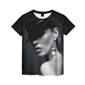 Женская футболка 3D с принтом Девушка в шляпе в Петрозаводске, 100% полиэфир ( синтетическое хлопкоподобное полотно) | прямой крой, круглый вырез горловины, длина до линии бедер | бриллиант | девушка | красивая | серьга | шляпа