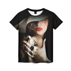 Женская футболка 3D с принтом Загадочная девушка в Петрозаводске, 100% полиэфир ( синтетическое хлопкоподобное полотно) | прямой крой, круглый вырез горловины, длина до линии бедер | губы | девушка | загадочная | перстни | шляпа