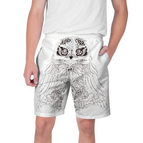 Мужские шорты 3D с принтом Сова в Петрозаводске,  полиэстер 100% | прямой крой, два кармана без застежек по бокам. Мягкая трикотажная резинка на поясе, внутри которой широкие завязки. Длина чуть выше колен | сова чернобелое