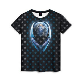 Женская футболка 3D с принтом Alien в Петрозаводске, 100% полиэфир ( синтетическое хлопкоподобное полотно) | прямой крой, круглый вырез горловины, длина до линии бедер | alien | гуманоид | звезды | инопланетянин | космос