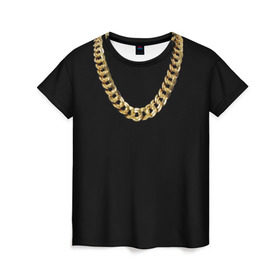 Женская футболка 3D с принтом Золотая цепь в Петрозаводске, 100% полиэфир ( синтетическое хлопкоподобное полотно) | прямой крой, круглый вырез горловины, длина до линии бедер | драгоценность | золотая цепь | золото | украшение | фон | черный